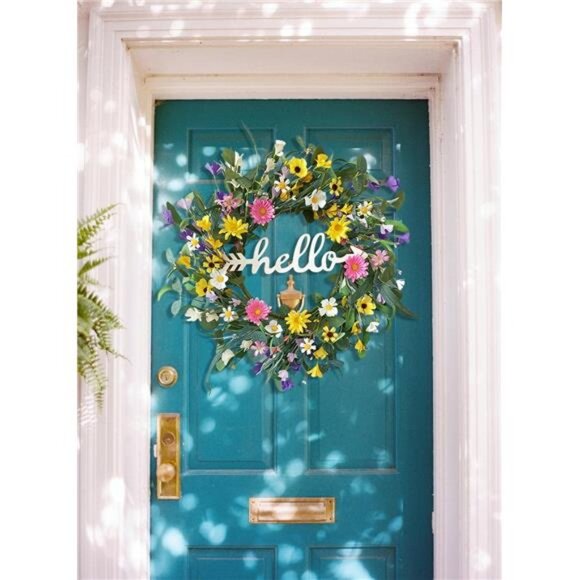 Spring Wreaths for Front Door, 22 Inch Eucalyptus Wreath with Hello Sign - Picture 2 of 7